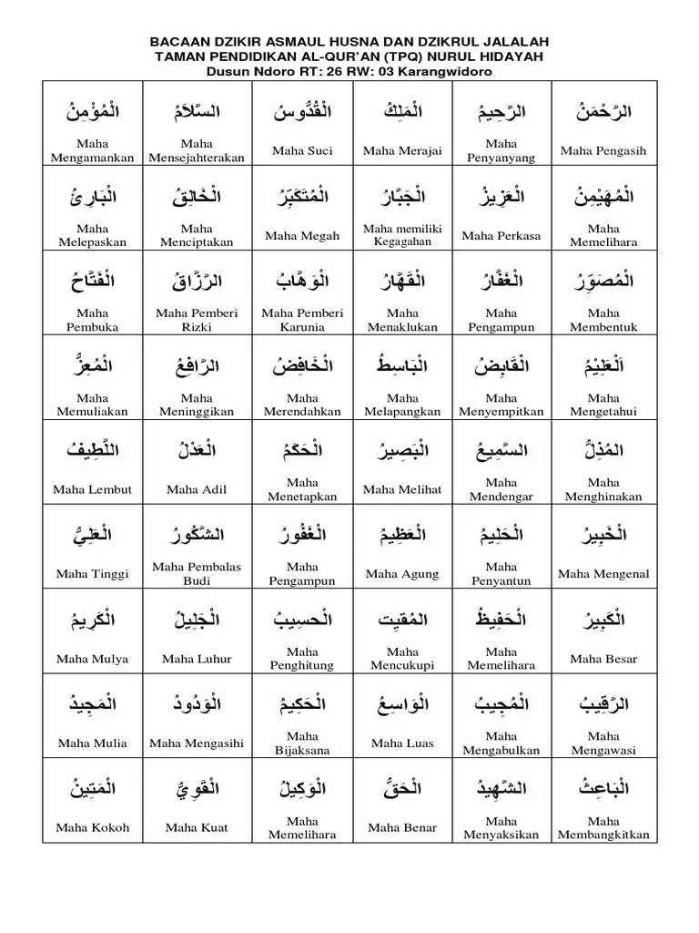 Bacaan Dzikir Asmaul Husna Latin dan Terjemahan (Nadhom)